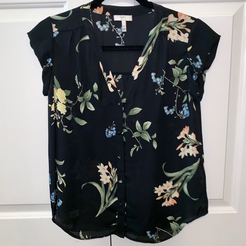 Joie Floral-Print Cap Sleeve Silk Blouse, Black